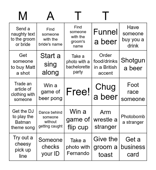 Bachelor Party Bingo Card