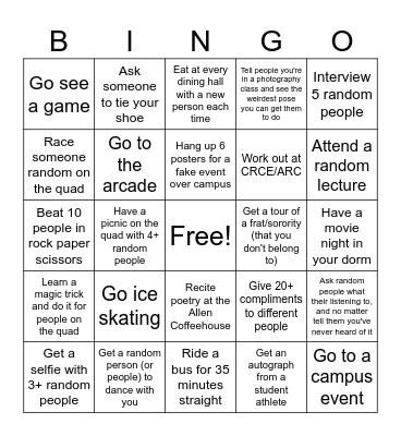 College Bingo: Blackout Bingo Card