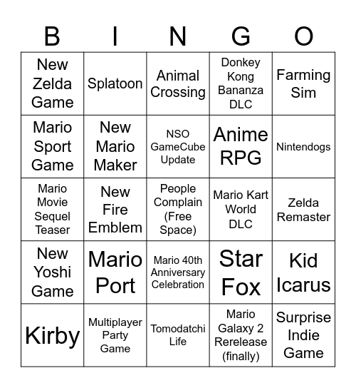 Nintendo Direct September 2025 Bingo Card