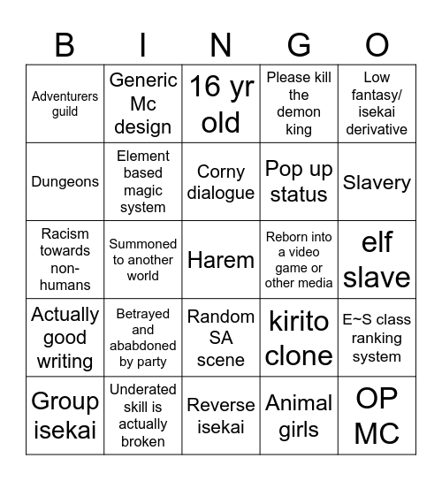 Isekai Bingo Card