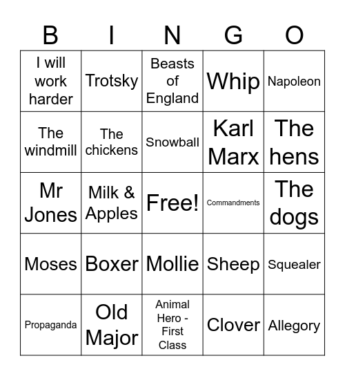 Animal Farm Bingo Card