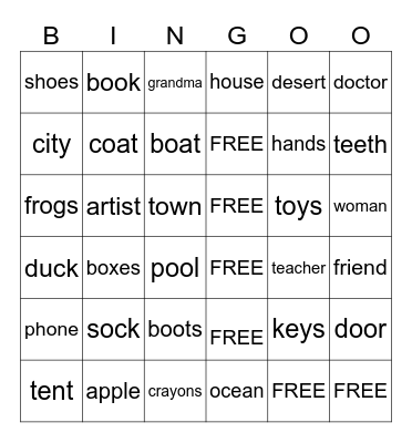Nouns Bingo Card
