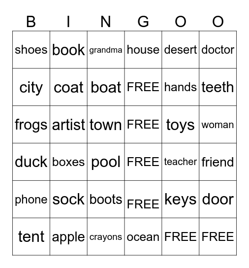 Nouns Bingo Card