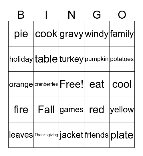 Fall Bingo Card