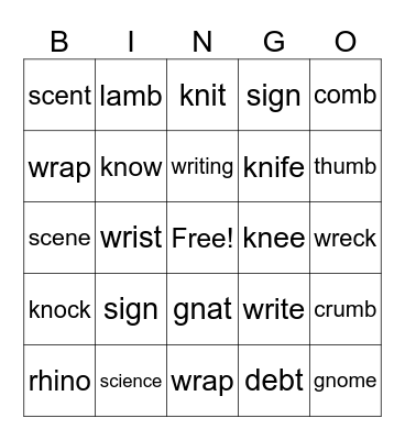 Silent Letters Bingo Card
