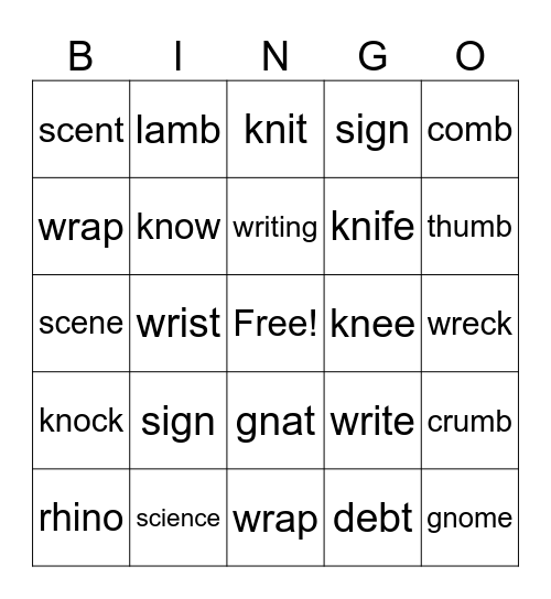 Silent Letters Bingo Card