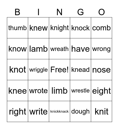 Silent Letters Bingo Card