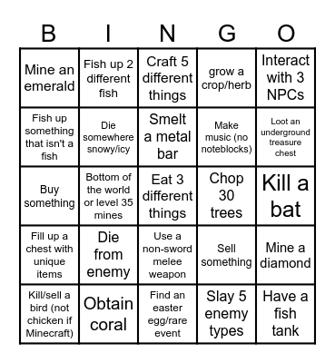 Minecraft/Stardew/Terraria Lockout Bingo Card