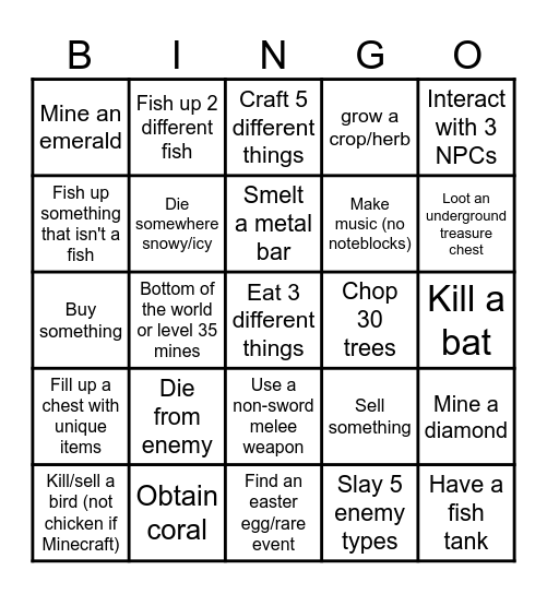 Minecraft/Stardew/Terraria Lockout Bingo Card