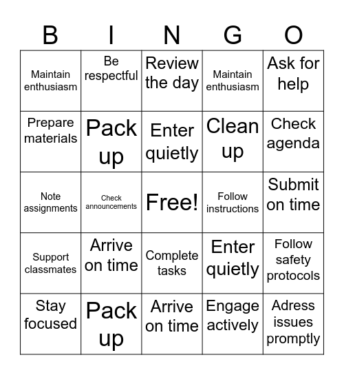 Daily Expectations - Earth and Space science bingo Card