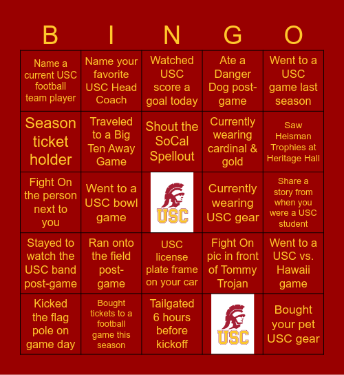 USC Honolulu Game Watch Party Bingo Card