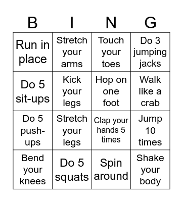 Exercise Routine Bingo Card