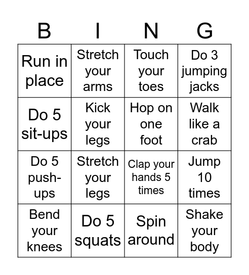 Exercise Routine Bingo Card