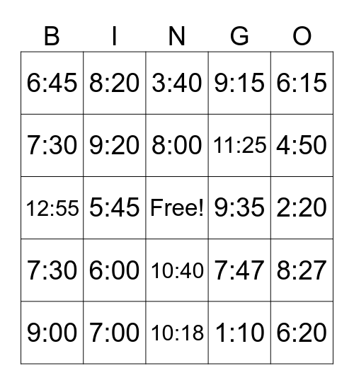 Telling the time Bingo Card