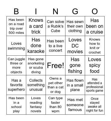 Get to know you bingo Card