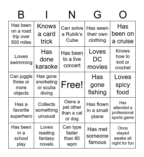 Get to know you bingo Card
