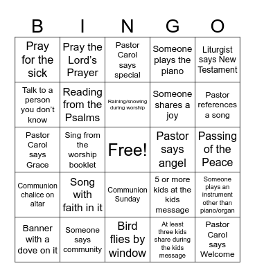 Church Service Bingo Card