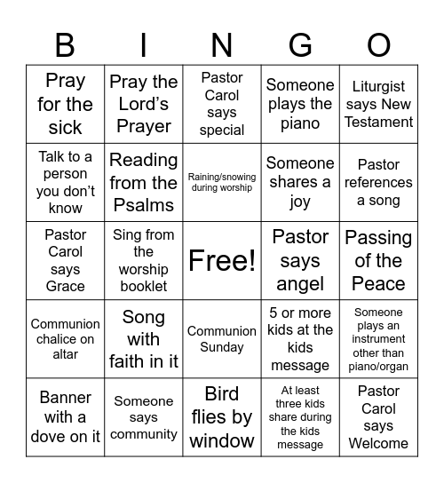 Church Service Bingo Card