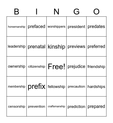 PRE-before; -SHIP condition, skill, position Bingo Card
