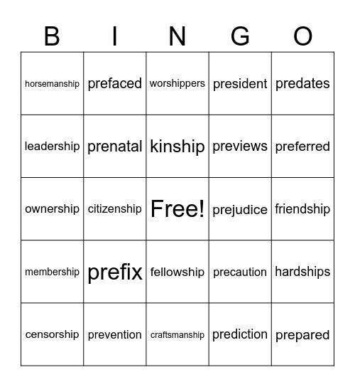 PRE-before; -SHIP condition, skill, position Bingo Card