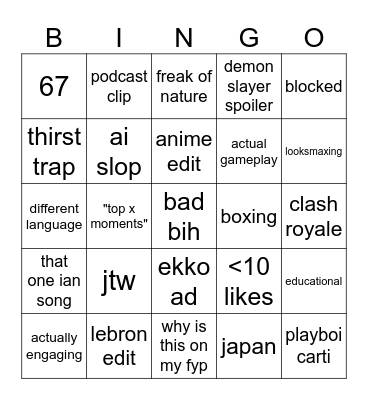tiktok Bingo Card