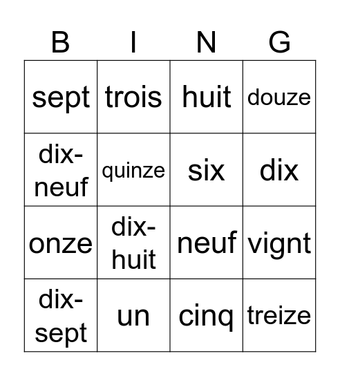 Les numéros Bingo Card
