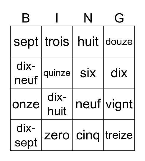 Les numéros Bingo Card