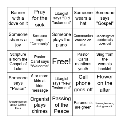 Worship Service Bingo Card