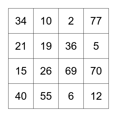 Number Bingo Card