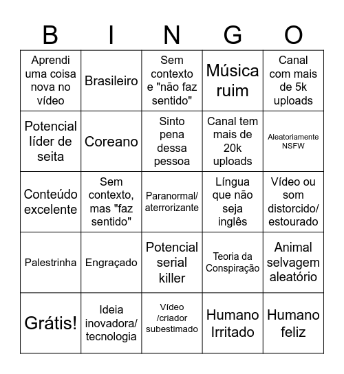Bingo da Lixeira do Youtube Bingo Card
