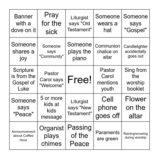 Worship Service Bingo Card