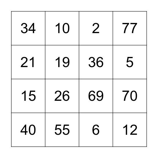Number Bingo Card