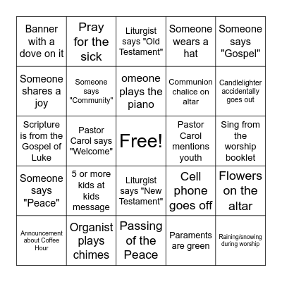 Worship Service Bingo Card