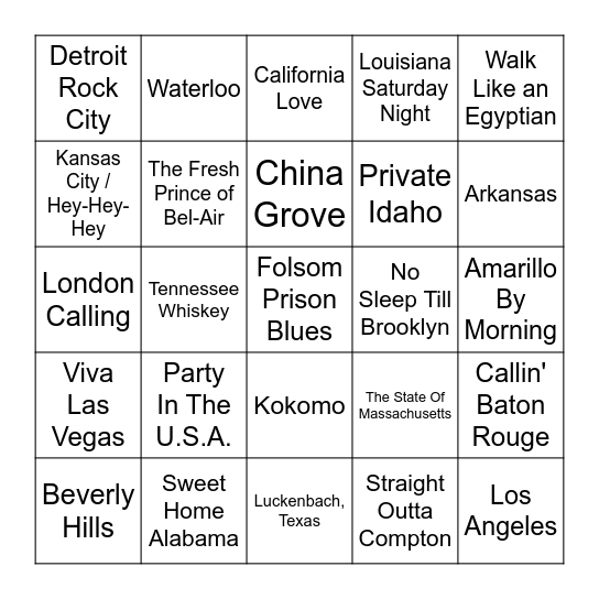 Cities, States, Countries Bingo Card