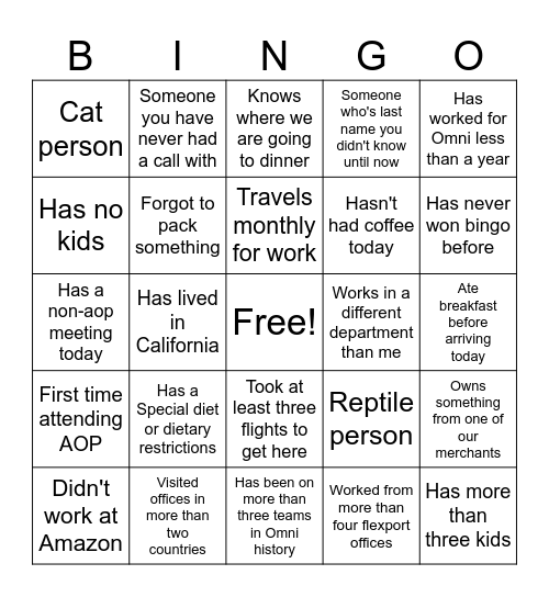 Getting to know you -- work offsite 2026 Bingo Card