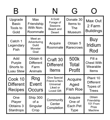 Stardew Blackout V1 Bingo Card