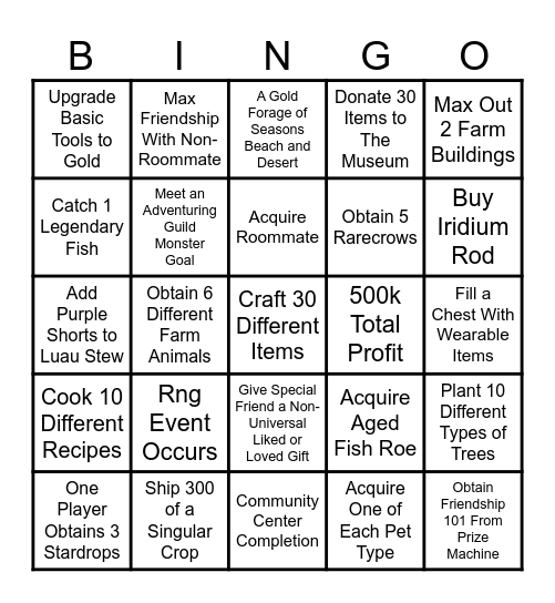 Stardew Blackout V1 Bingo Card