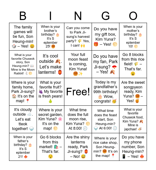 B8 L10 Review Do you have my fan, Park Ji-sung? – Yes! 🍂 Bingo Card