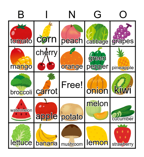 Fruits and Vegetables Bingo Card
