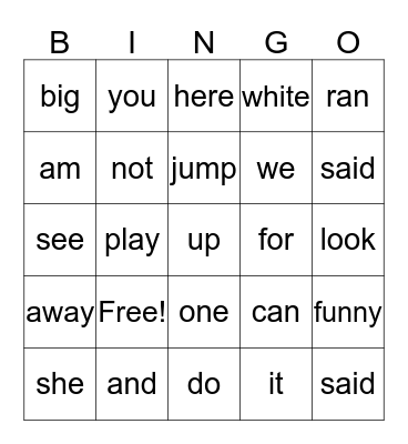 Sight word Bingo Card