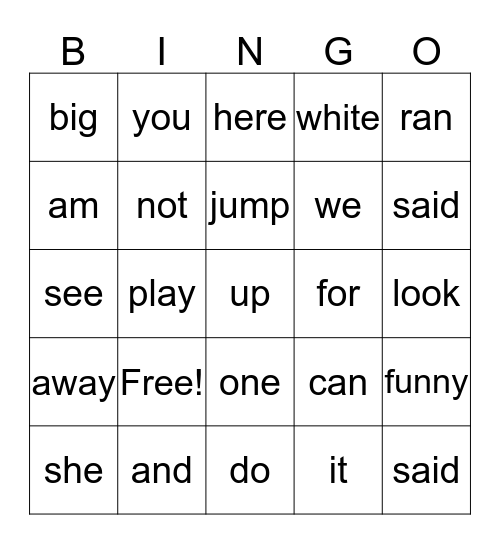 Sight word Bingo Card