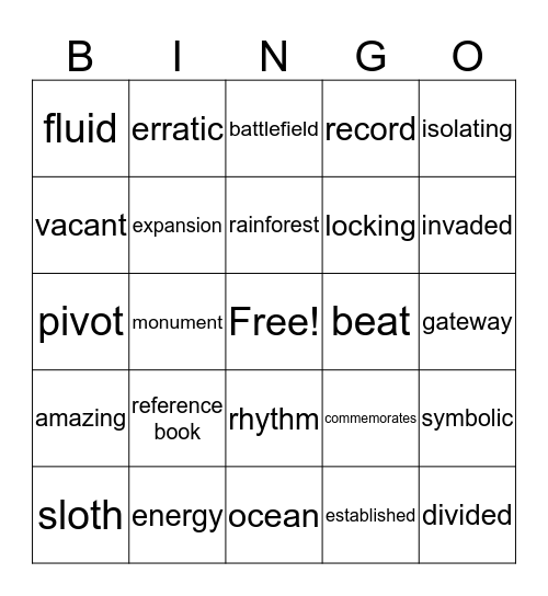 Vocabulary Bingo Card