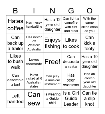 Seaside Girl Guides Bingo Card