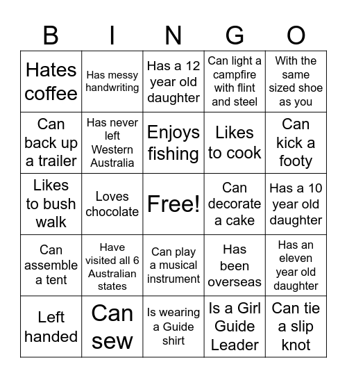 Seaside Girl Guides Bingo Card