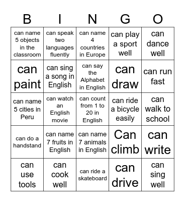 Can/Can't BINGO Card