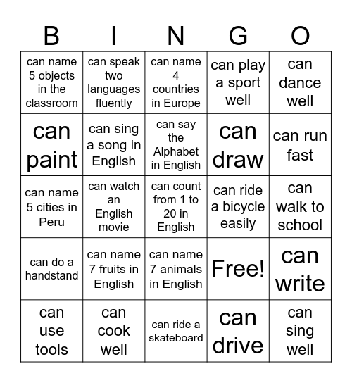 Can/Can't BINGO Card