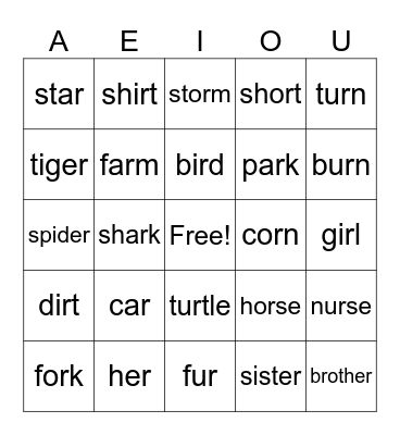 VOWEL + R SOUNDS Bingo Card