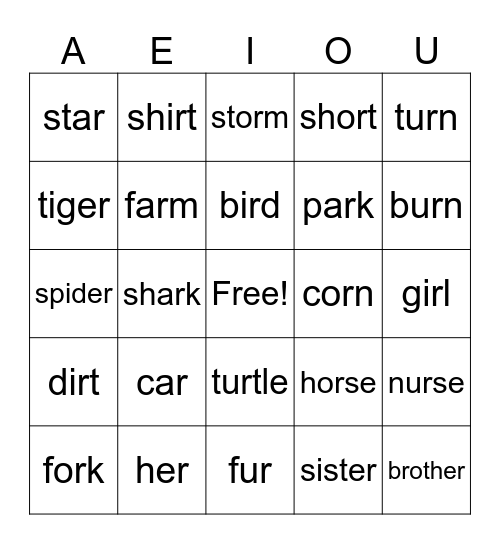 VOWEL + R SOUNDS Bingo Card