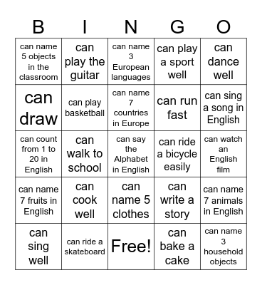 Can/Can't BINGO Card