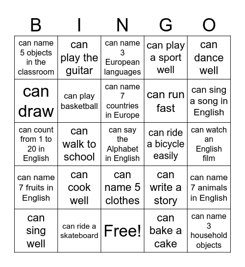 Can/Can't BINGO Card